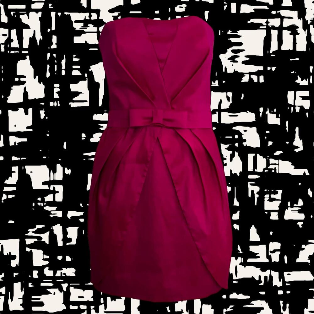 Hot Pink Strapless Mini Dress • by Cache • Belt with Bow • Pleated Wrap Top